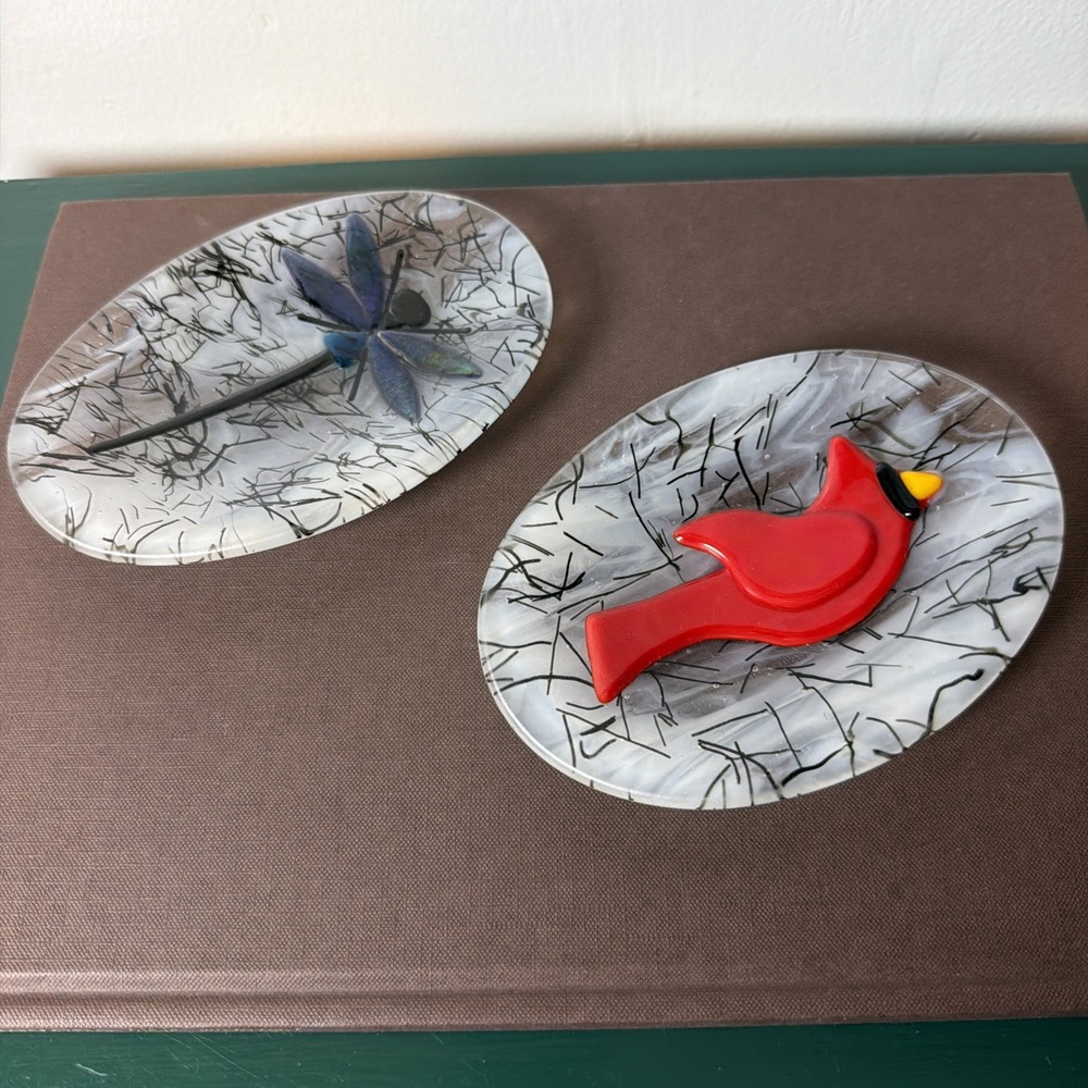 Fused Glass Cardinal Dragonfly Oval Trinket Trays Pair Handmade Spiritual Decor